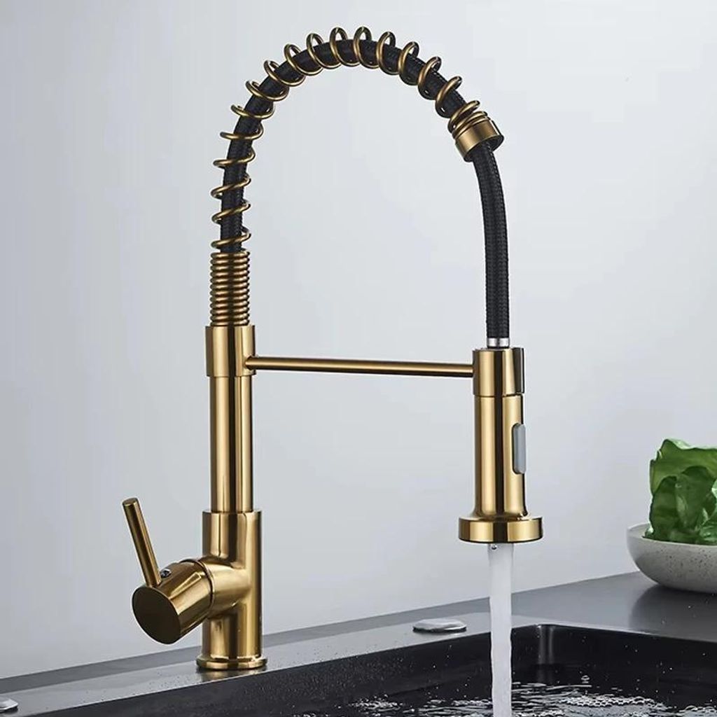 Küchenarmatur - Einloch Einhebel - Ausziehbare Brause - 360° Schwenkbar - Warm- & Kaltwasser - Keramikkartusche - Edelstahl - Gebürstetes Gold