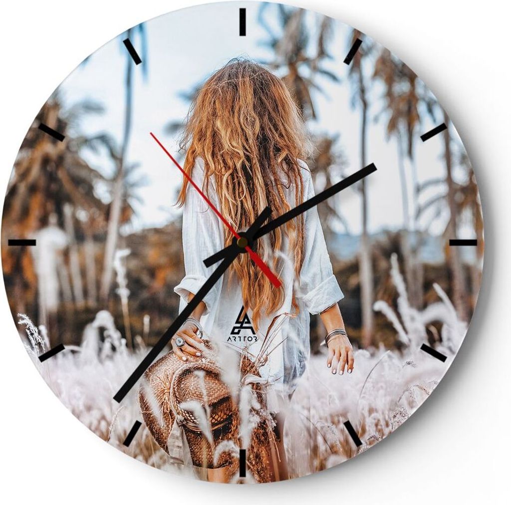 Wanduhr - Rund - Glasuhr - Wiese Frau Gras - 40x40cm - Schleichendes Uhrwerk - Lautlos - zum Aufhängen bereit - Dekoration Modern - Wanddekoration...