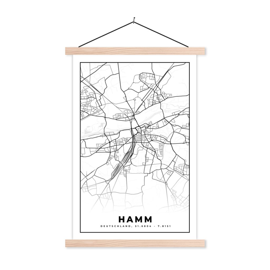 MuchoWow Textilposter Karte - Hamm - Stadtplan - Karte 120x180 cm mit holzfarbenen Rahmen - Textil-Plakat
