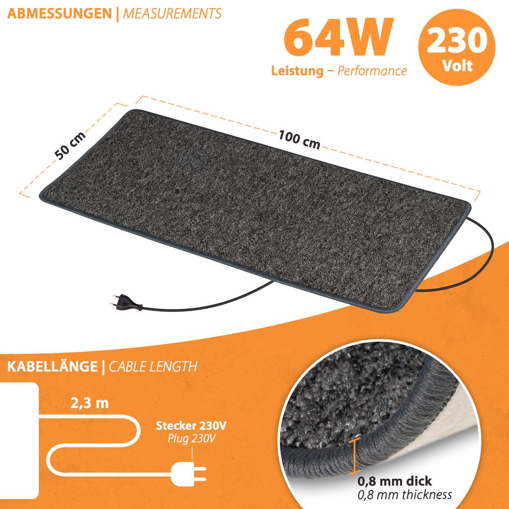 Infrarot Heizteppich Heizmatte 50x100cm Teppichheizung Fußwärme 64 Watt 230V Anthrazit Pro Car