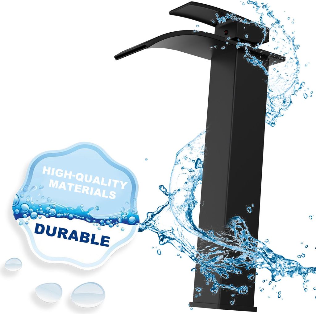 LARS360 Hohe schwarze Wasserfall-Waschtischarmatur - Heiß-Kalt-Mischbatterie mit Einlochmontage, Keramikventil, G3/8-Anschluss und Einzelhebel fü...