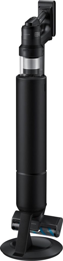 A black cordless vacuum cleaner is shown standing upright on a white background.