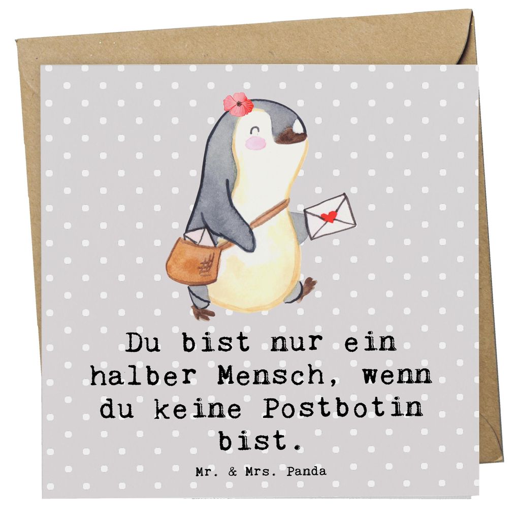 Mr. & Mrs. Panda Grußkarte Postbotin Herz - Grau Pastell - Geschenk, Briefzustellerin, Briefträgerin, faltkarte, Klappkarte, doppelkarte, Glückw...