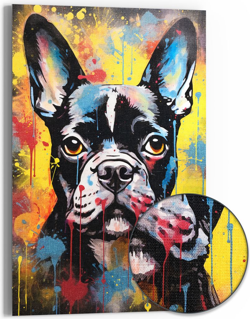 DEQOART Hybrid Leinwand Bild 60x90 cm 'Bunter Boston Terrier' Wandbild Glas flach modern