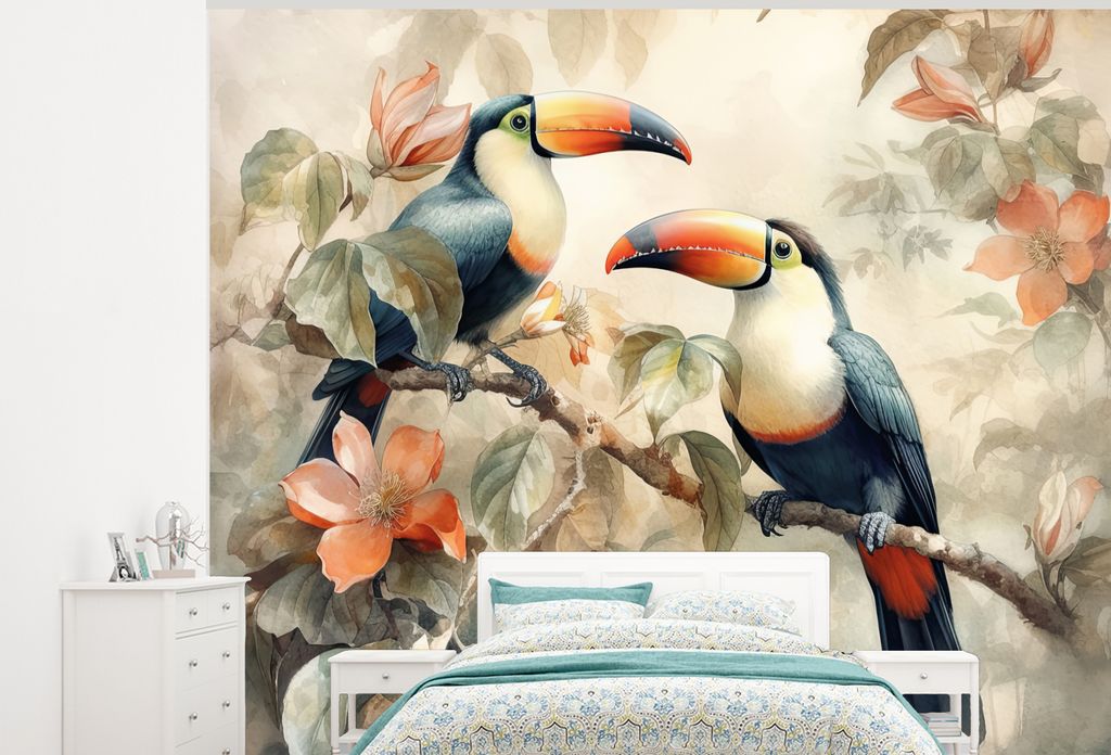 MuchoWow Fototapete für Wohnzimmer oder Schlafzimmer Wandtapete Vinyl Motivtapete Tukan - Vögel - Blumen - Zweig - 300x240 cm - Fototapeten
