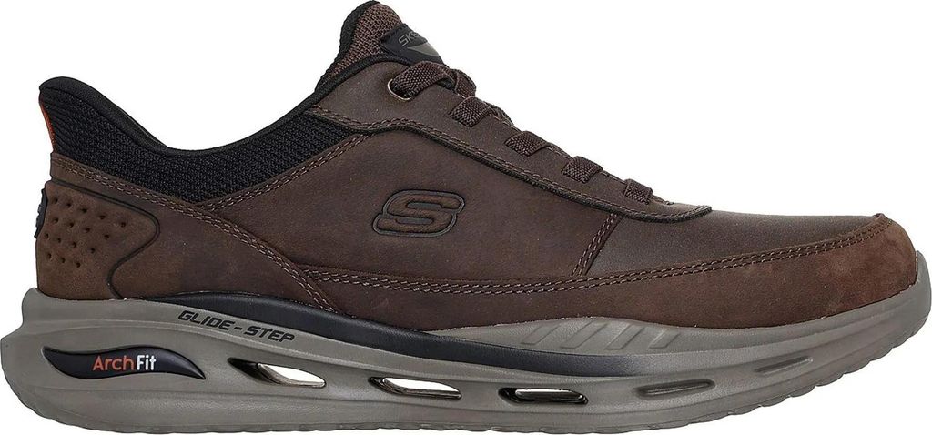 A side view of a brown Skechers men's sneaker.