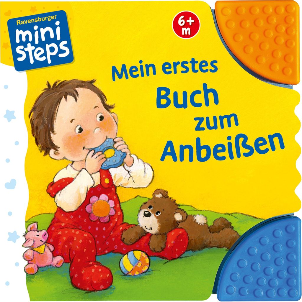 A baby book with illustrations of a baby, a teddy bear, and a piglet.