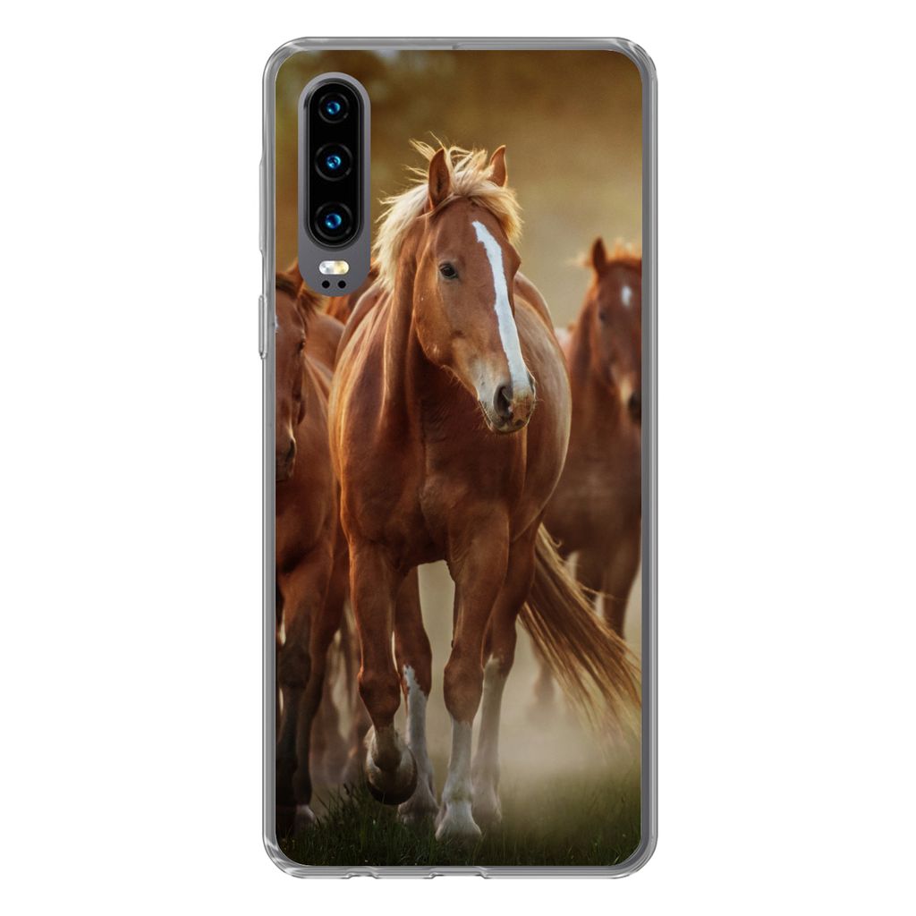 MuchoWow Handyhülle Schutzhülle Hülle für Huawei P30 Pferde - Licht - Natur Silikon Softcase Handy Hülle - Kartenbesitzer