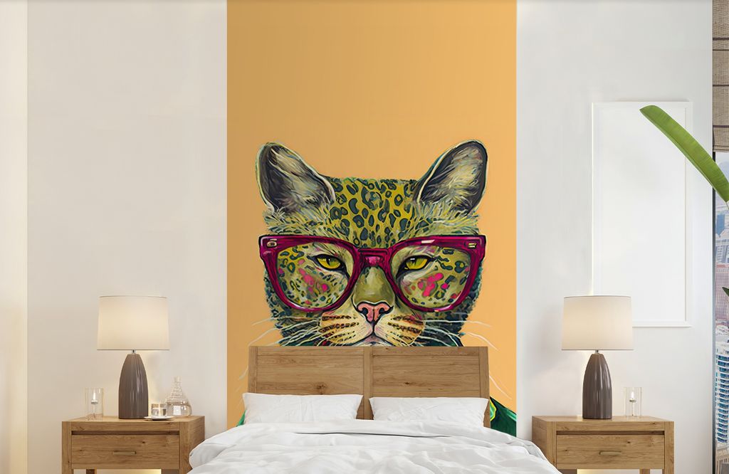 MuchoWow Fototapete für Wohnzimmer oder Schlafzimmer Wandtapete Vinyl Motivtapete Tiere - Katze - Brille - Blumen - Hippie - 120x240 cm - Hinter...