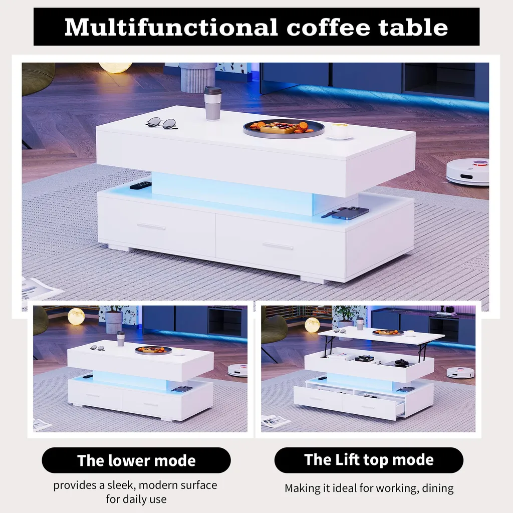 OKWISH Table Basse Relevable Blanc Laqué avec LED Bluetooth et 2 Tiroirs - 9