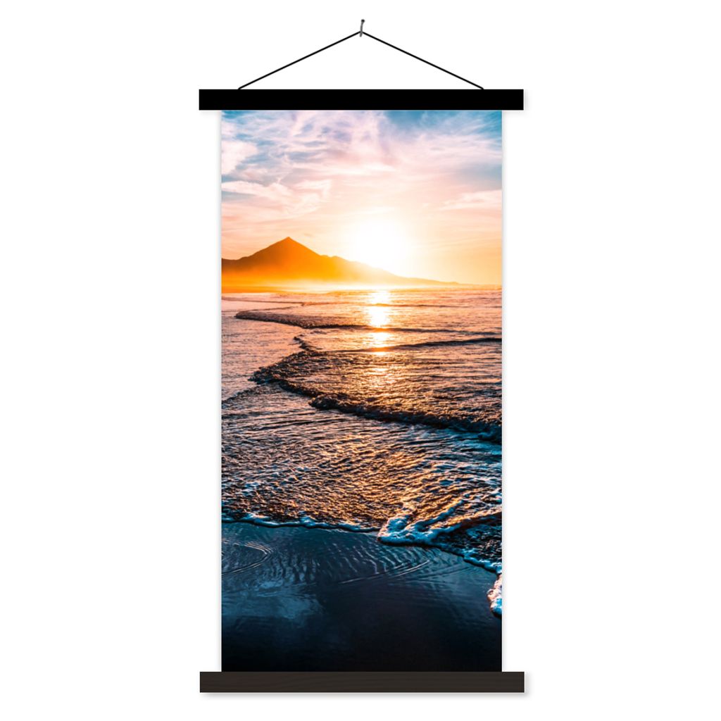 MuchoWow Textilposter Sonnenuntergang - Meer - Berg - Horizont - Landschaft - Blau 40x80 cm mit schwarzem Rahmen - Wandemalerei