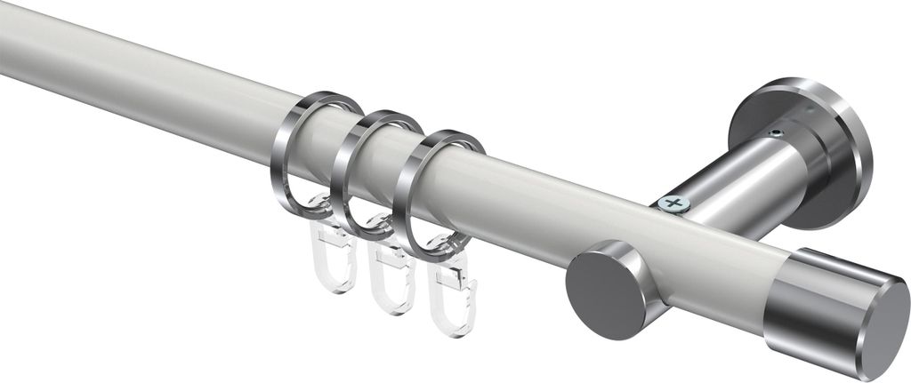Interdeco Gardinenstange / Vorhangstange Weiß / Chrom, Typ Platon Santo (Kappe), 20 mm Ø 1-läufig, 140 cm