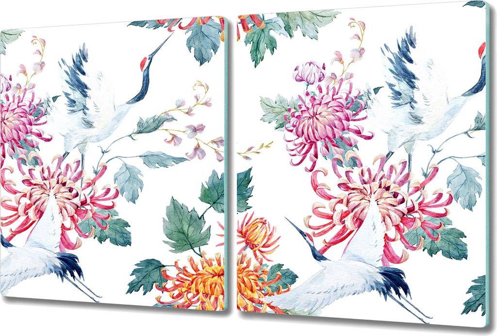 Glas-Herdabdeckplatte Glaskeramikkochfeld-Abdeckung Spritzschutz - 2x 40x52 cm - Blumen Kranich zart