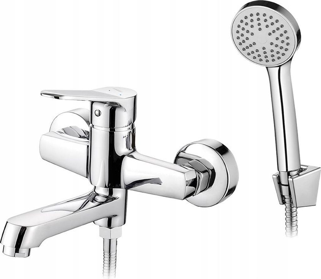 A chrome-finished bathtub faucet with a handheld showerhead, presented against a white background.