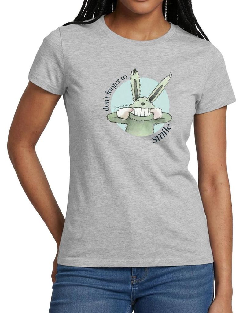 Spreadshirt Janosch Hase Don't Forget To Smile Frauen T-Shirt, M, Grau meliert