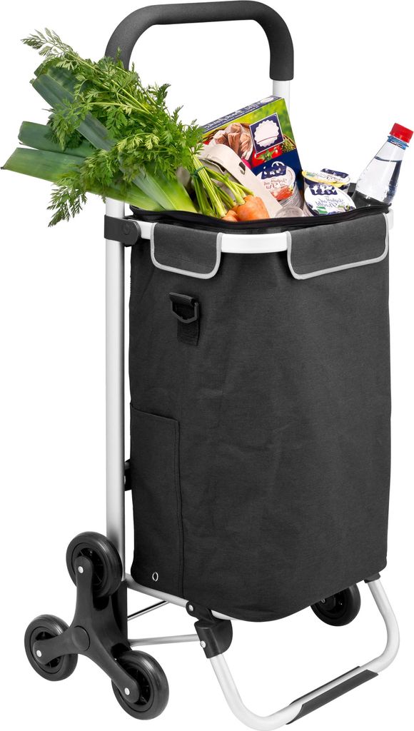 A shopping trolley filled with groceries.