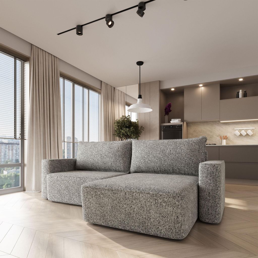 Masseno Ecksofa BELISE mit Schlaffunktion L-Form, Sofa mit Bettkasten, Wohnzimmersofa, Couch, Soffa, Bettsofa, Couchgarnitur- Hellgrau, BELLA 65