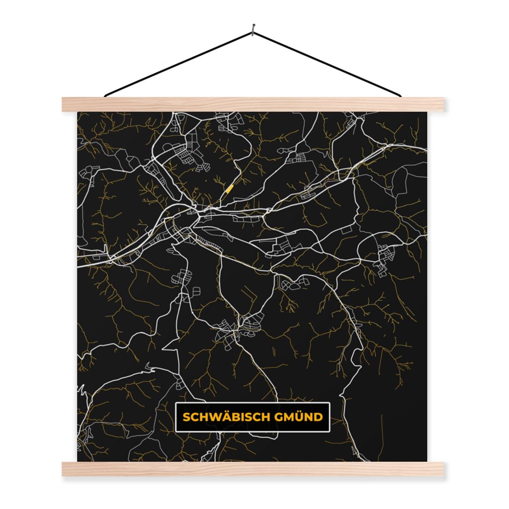 MuchoWow Textilposter Schwarz und Gold - Stadtplan - Schwäbisch Gmünd - Deutschland - Karte 60x60 cm mit holzfarbenen Rahmen - Wanddekoration