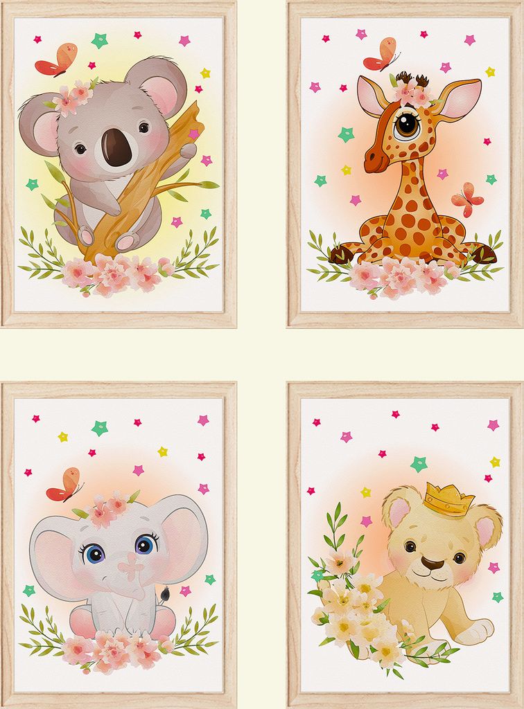 Niedliche Tiere Bilder 4er Set DIN A4 Kinderzimmer Wandbilder Babyzimmer Poster Dekoration - Koala Giraffe Elefant Tiger