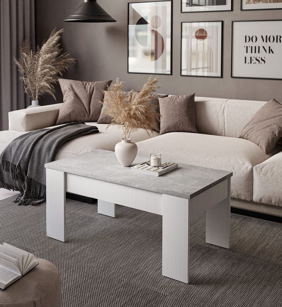 Ausklappbarer Couchtisch APERTO Rustica Weiß / Beton Produktbild 