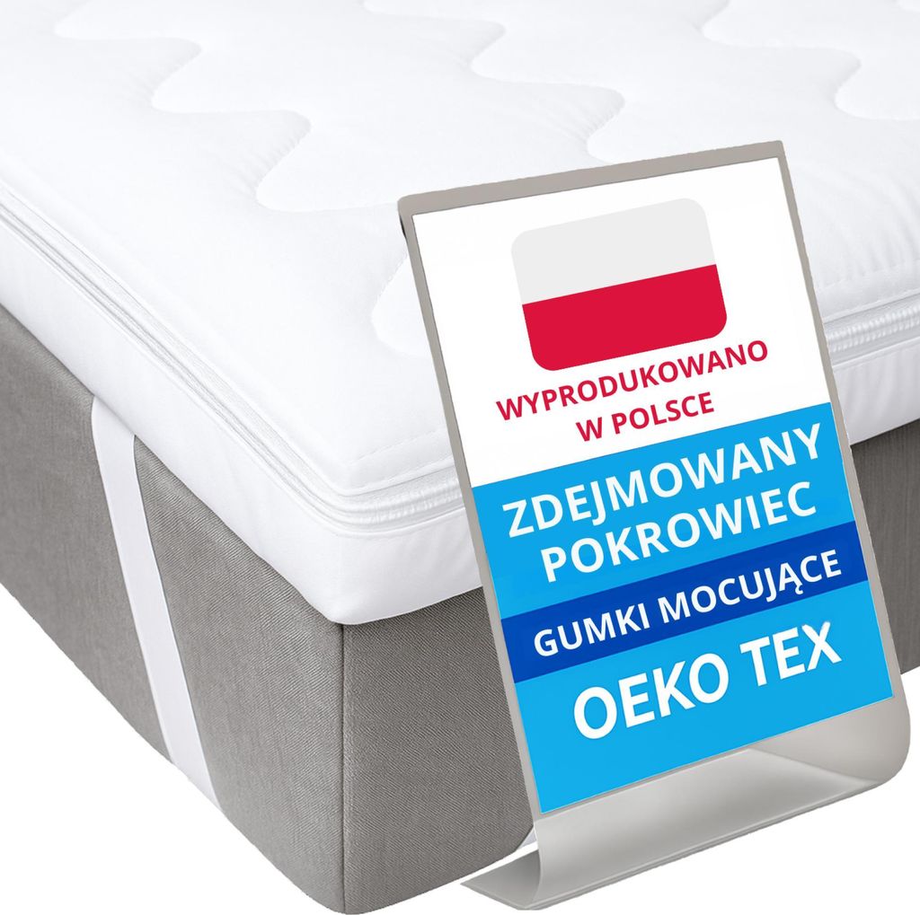 A white mattress topper with a gray base, featuring a promotional overlay with Polish flag and text.