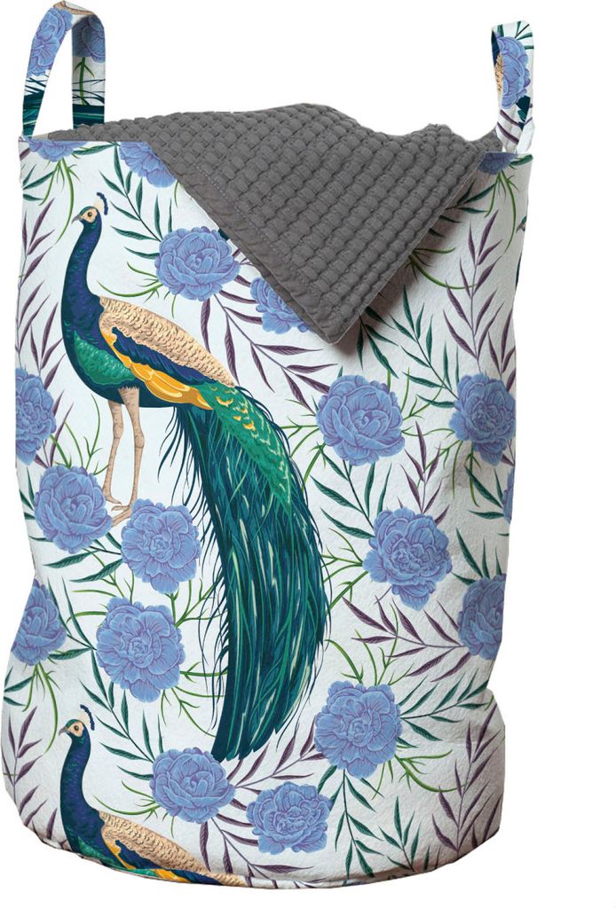 ABAKUHAUS Pfau Wäschesack, Vintage Vogel-und Wildrosen, Wäschekorb mit Griffen Kordelzugverschluss für Waschsalons, 33 cm breit x 49 cm hoch, Me...