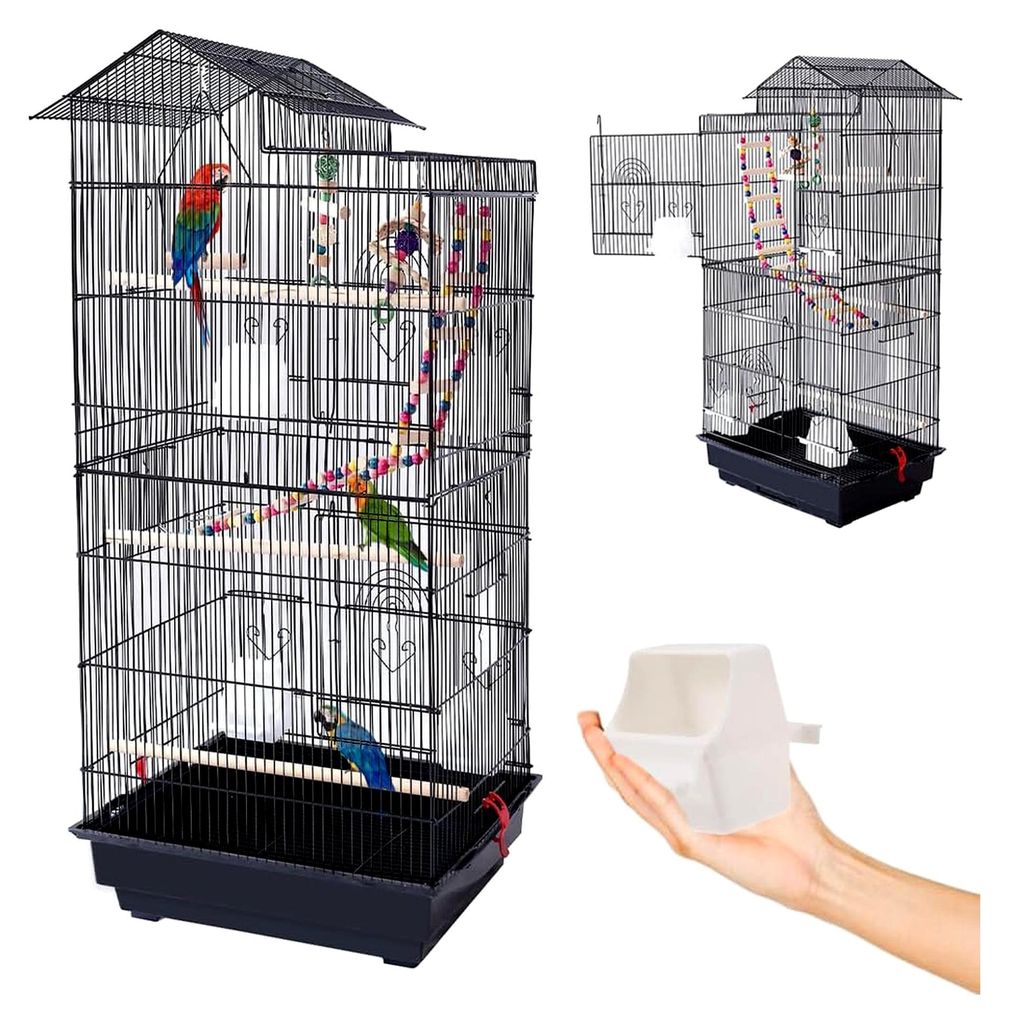 Voliere für Vögel, unzertrennliche Papageien, Nymphensittiche, Wellensittiche, aus Metall und schwarzem Holz, mit Spielzeug, Zubehör, Käfig mit...