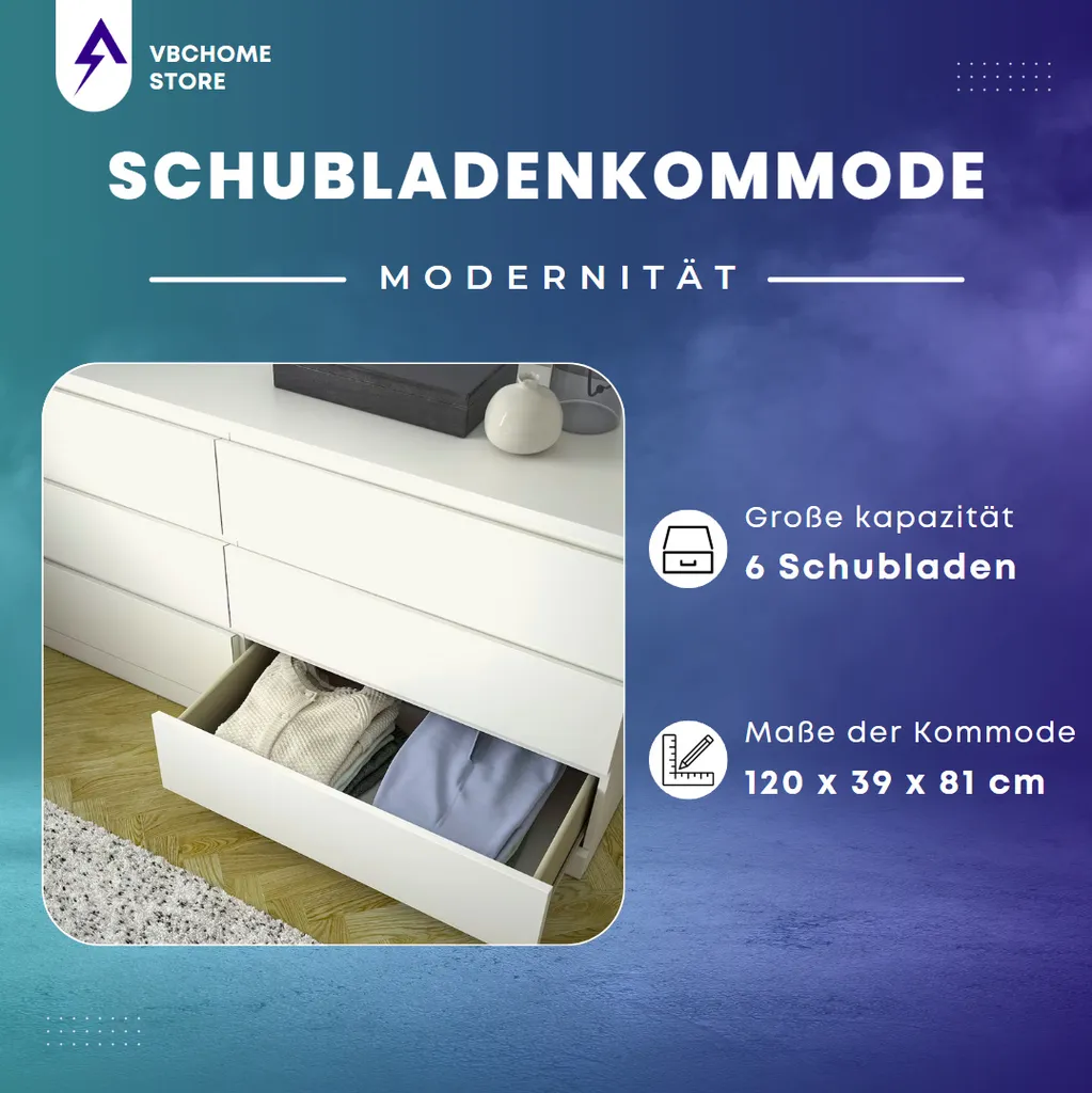 Commode VBChome blanche à 6 tiroirs de 120 cm pour chambre à coucher - 4