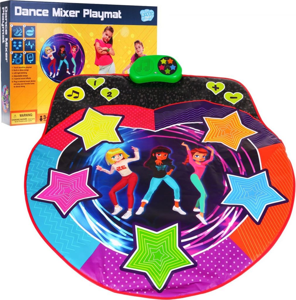 The image shows a dance playmat and its packaging. The packaging is in the background, and the playmat is in the foreground. The playmat has colorful stars and cartoon characters dancing on it. A green control unit is attached to the playmat.