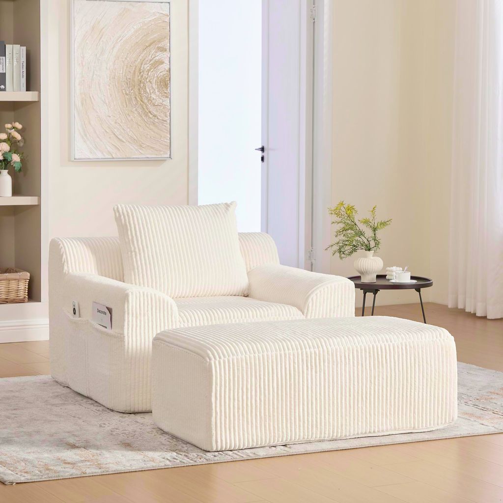 STILVORA Relaxsofa aus Kordsamt–Big Sofa mit Seitentaschen & Kissen,Loungesofa,Polstermöbel,montagefrei, Beige