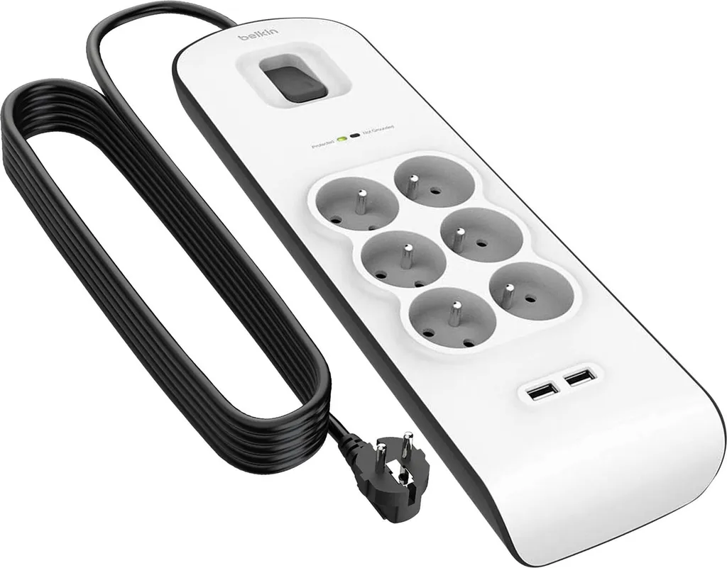 Belkin BSV604ca2M Multiprise Parafoudre 6 Prises avec 2 USB Blanc 2m