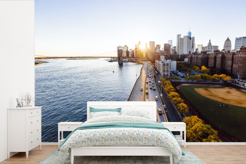 MuchoWow Fototapete für Wohnzimmer oder Schlafzimmer Wandtapete Vinyl Motivtapete Sonnenaufgang in New York - 360x240 cm - Vinyl-Tapete