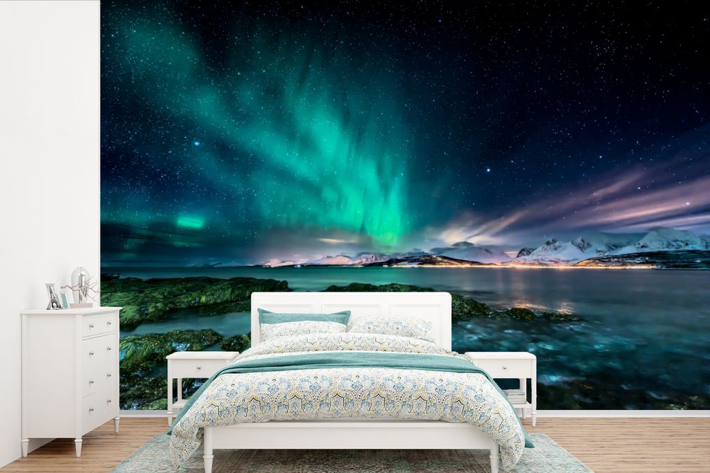 MuchoWow Fototapete für Wohnzimmer oder Schlafzimmer Wandtapete Vinyl Motivtapete Nordlichter - See - Norwegen - 600x400 cm - Vinyltapeten