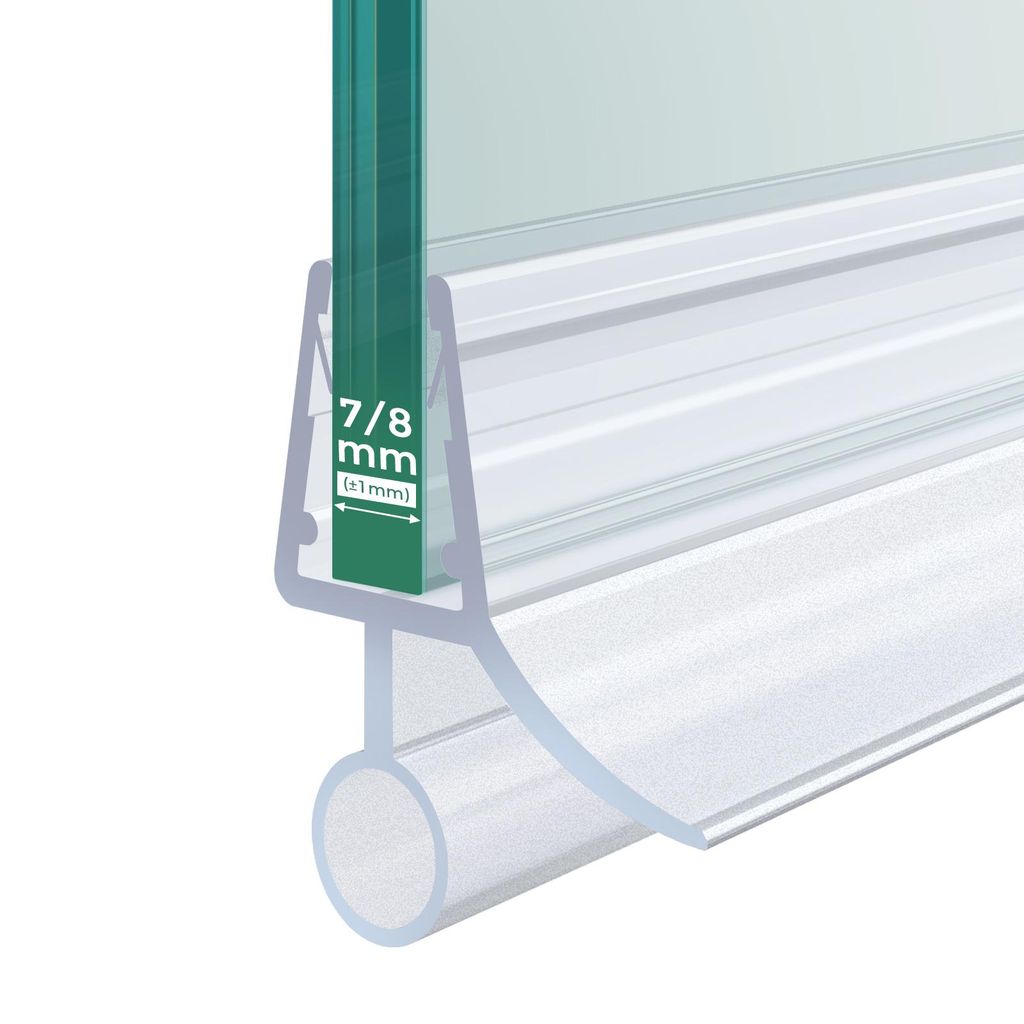 Close-up of a shower door seal with a measurement indicator.