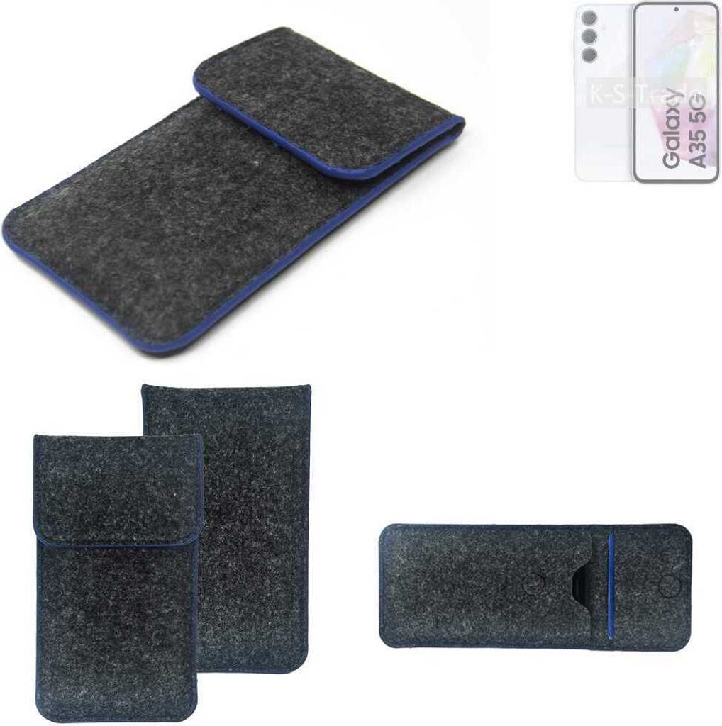 K-S-Trade Handy-Hülle Schutz-Hülle kompatibel mit Samsung Galaxy A35 5G Filztasche Pouch Tasche Case Sleeve Filzhülle dunkelgrau, blauer Rand