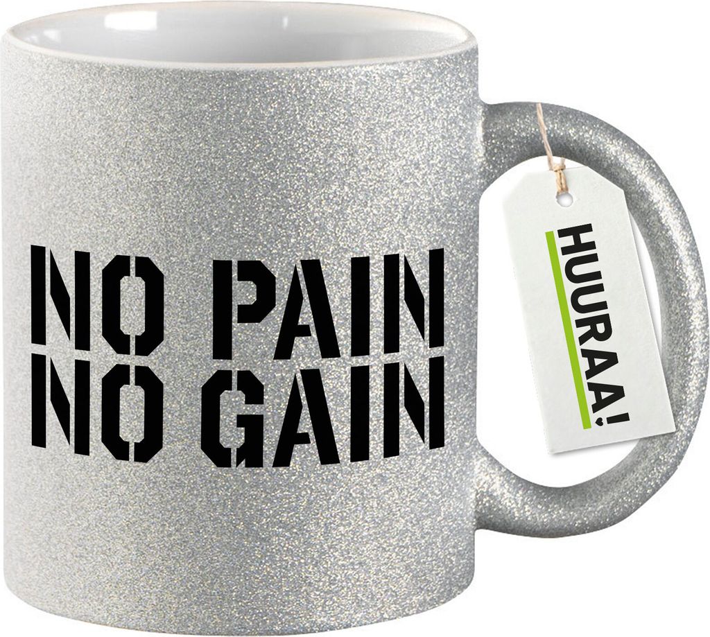 Huuraa Glitzertasse No pain gain Hantel 330ml Silber Keramik Kaffeebecher Geschenkidee