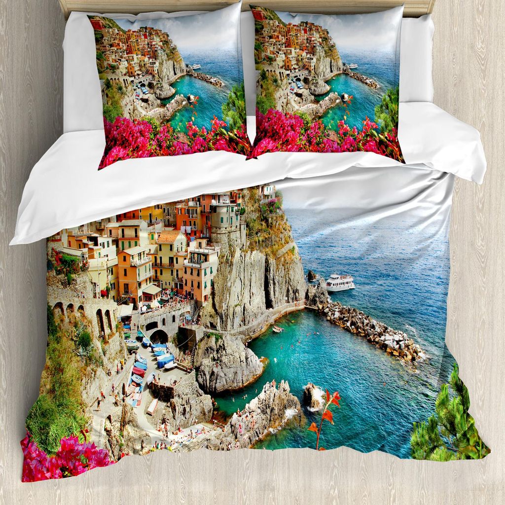 ABAKUHAUS Italien Bettbezug Set, Monarola Antique Village in Cinque Terre Küstenpanorama Sommer Strand Scenic View, 155 x 220 cm + 80 x 80 cm, Meh...