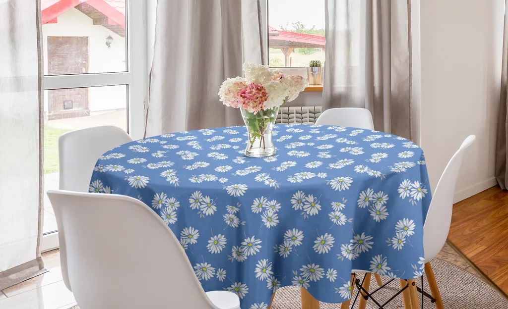 ABAKUHAUS Tovaglia rotonda con motivi floreali, Blühend Margaret Flowers, tovaglia circolare per sala da pranzo e cucina, 150 cm, lavanda scura e bianco