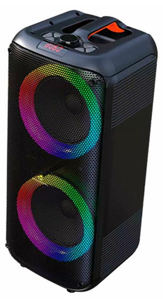 A black party sound system with colorful LED lights around the speakers.