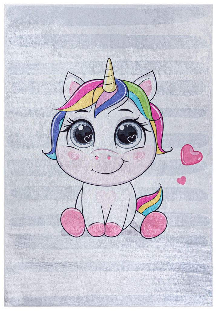 Mazovia Kinderteppich Einhorn Graphit Rosa Grau 80x150 cm Kurzflor Pflegeleicht Spielteppich für Kinderzimmer