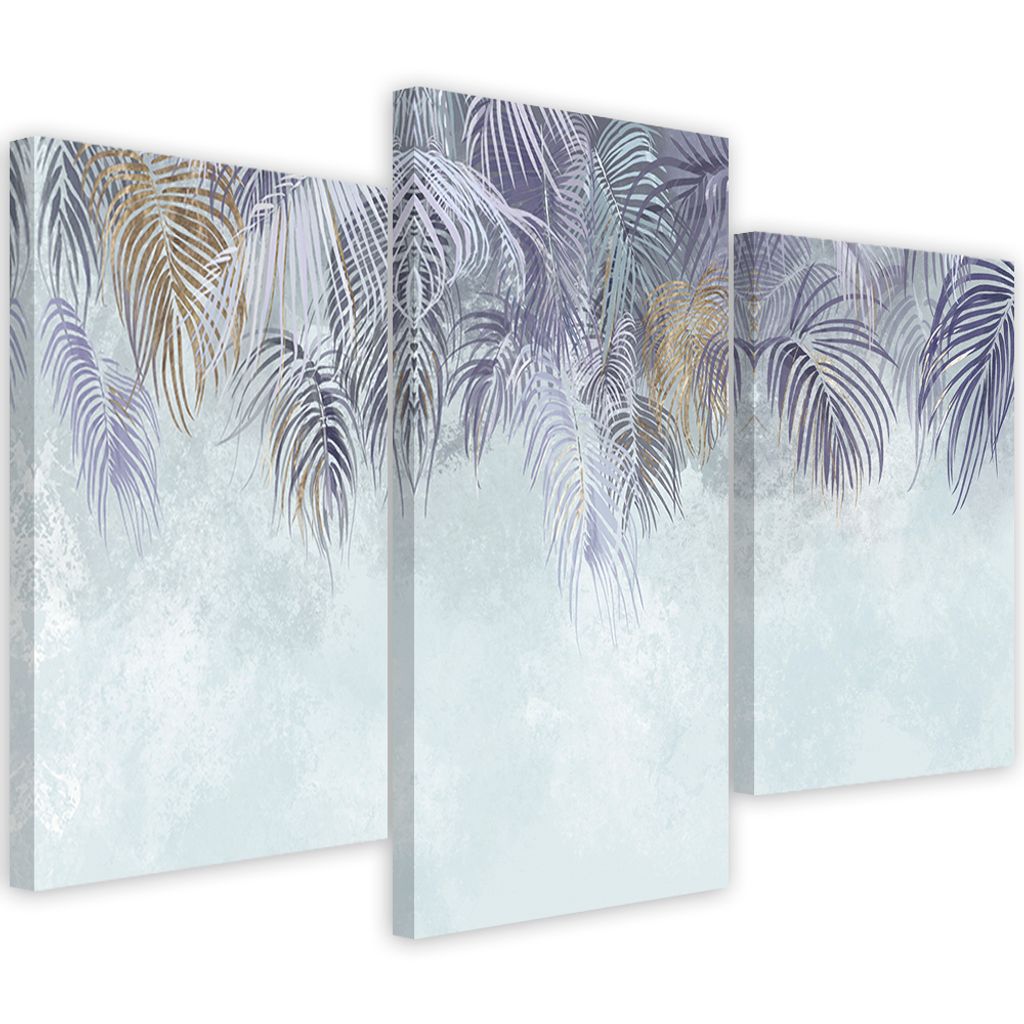 Triptychon auf leinwand palmenblätter 150x100 cm Feeby lila wandbild bereit zum aufhängen