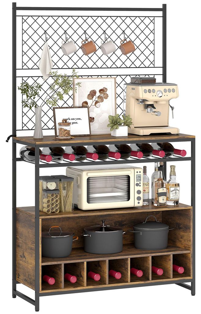 Kš¹chenregal mit Arbeitsfl?che. Metallgitterpaneele. 5 Haken. Kš¹chenschrank fš¹r Gewš¹rze. T?pfe. Pfannen. Braun