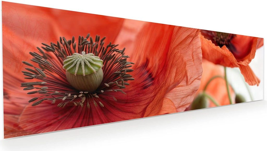 Glasbild 120x40cm in XXL für Wohnzimmer, Schlafzimmer Motiv Mohnblüten