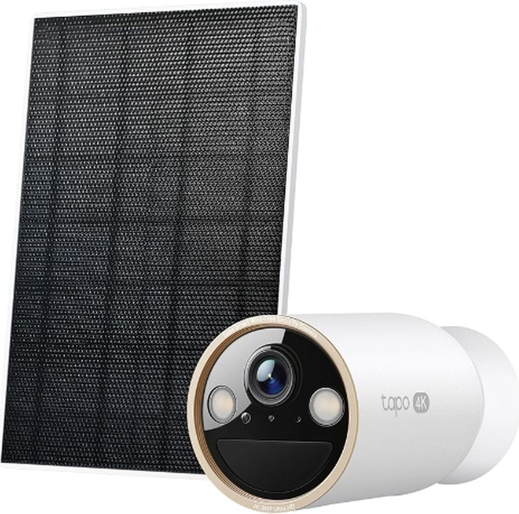 A white security camera with a solar panel.