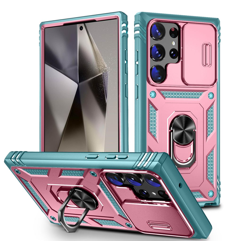 Hülle für Samsung Galaxy S25 Ultra, Schiebe Kamera Schutz Stoßfest Schutzhülle mit Ringhalterung Ständer Kartenhalter Pink