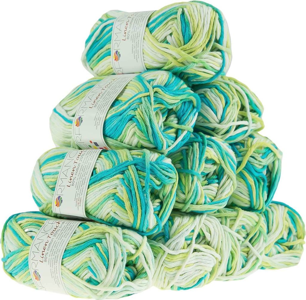 500g Strickgarn Linen Touch Baumwolle Leinen Häkelgarn Wolle Farbauswahl, Farbe:9199 türkis-grün-weiß