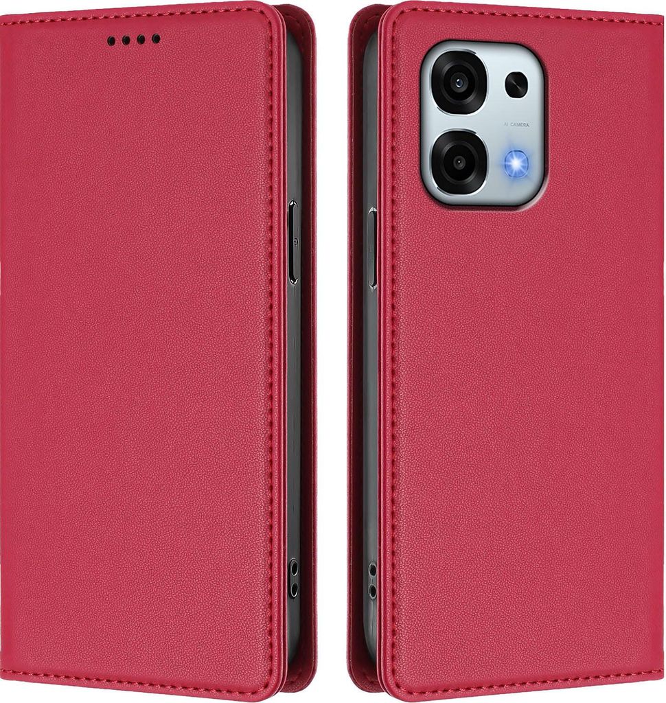 Handyhülle für Oppo A6 Pro 5G/Oppo A6 Pro 4G, Kunstleder Klapphülle Stoßfeste Magnetische Hülle mit Ständer Rot