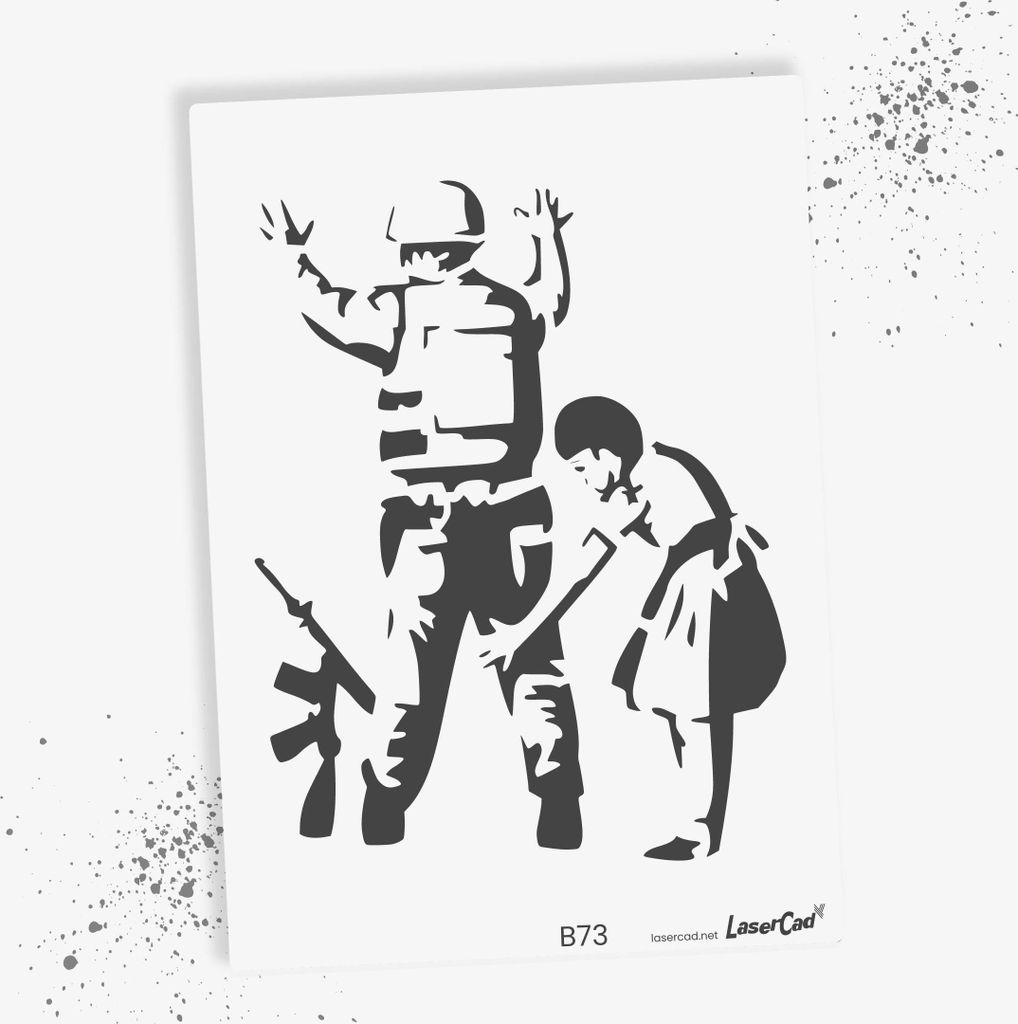 LaserCad Schablonen BANKSY Streetart  (B73, Girl Frisking Soldier, DIN A4) Stencil für Graffiti, Airbrush, Deko