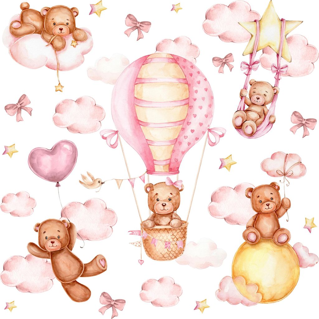 Wandsticker Set für Kinder TEDDYBÄREN Wolken Sterne 120x60cm Wandaufkleber Wandtattoos Set für Baby