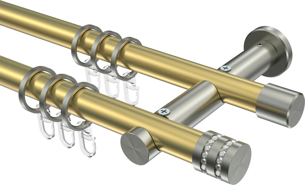Interdeco Gardinenstange / Vorhangstange Messing-Optik / Edelstahl-Optik, Typ Platon Estana (Glitzerkappe), 20 mm Ø 2-läufig, 160 cm